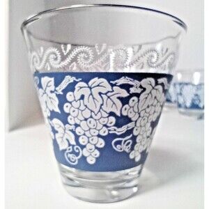 7 Vintage Hazel Atlas Whiskey Glasses Grapes Wedgewood Blue Platinum Trim MCM